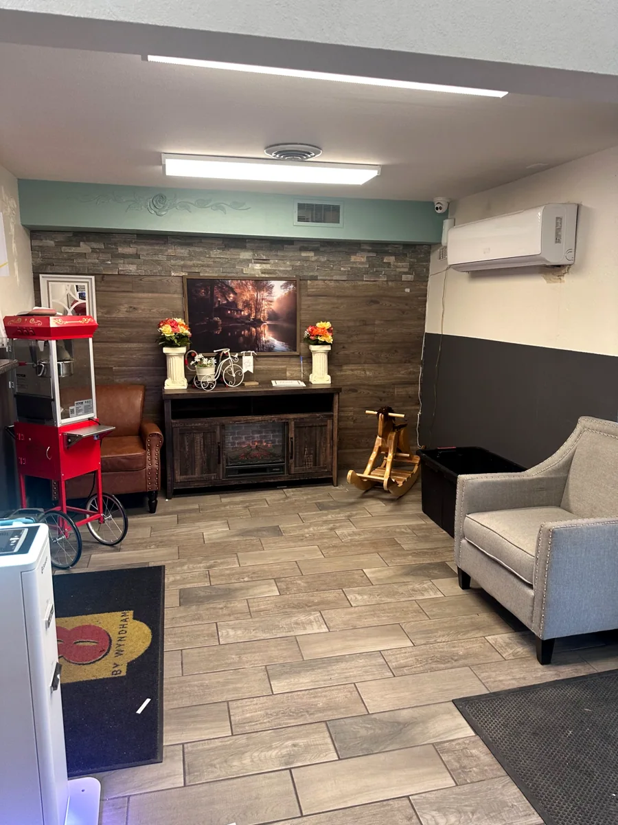 Lobby lounge and fireplace